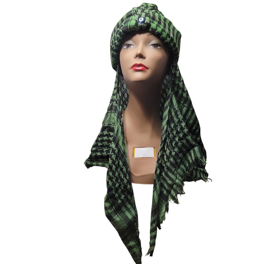 Traditional Green & Black Fez Hat with Scarf, Keffiyeh w/ All-Seeing Eye